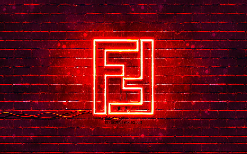 Fendi red logo, , red brickwall, Fendi logo, brands, Fendi neon logo, Fendi HD wallpaper