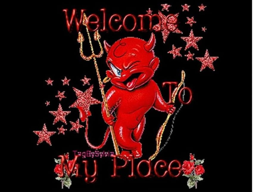 Welcome to my place..., red roses, stars, pitchfork, bow, cute red devil HD wallpaper