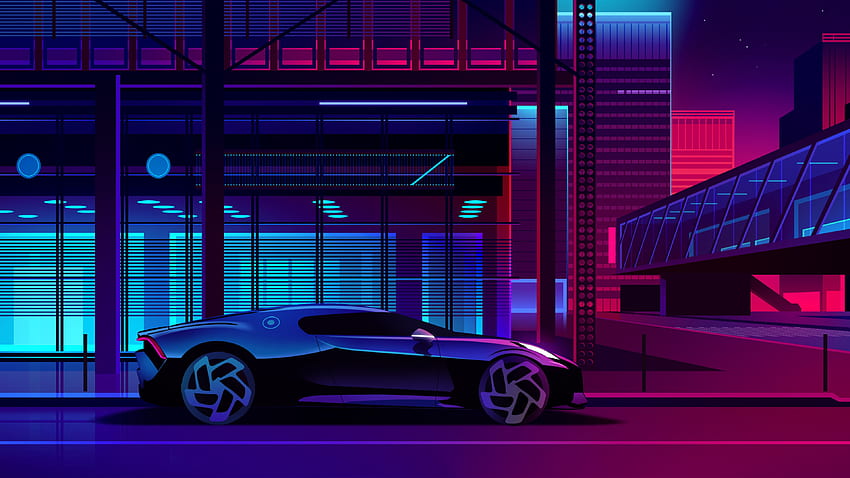 Bugatti Noire Neon Art Retrowave , Neon , , Дигитално изкуство , Автомобили . Неоново изкуство, Футуристичен град, Архитектурен модел, Готино неоново изкуство HD тапет