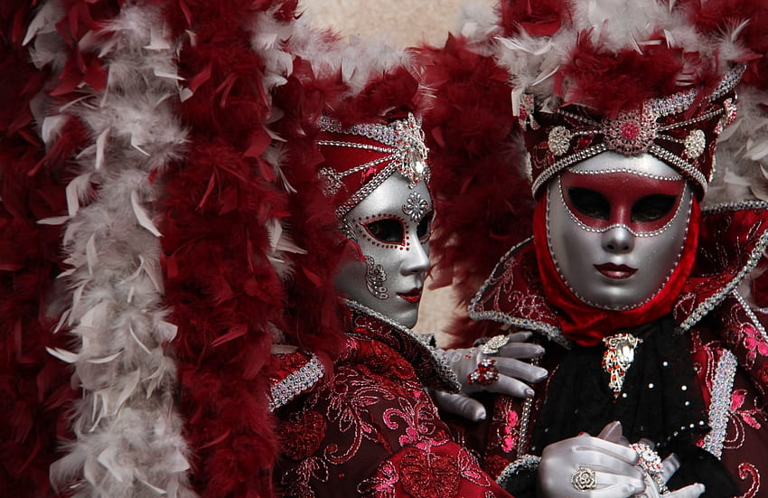 Carnaval de Venise, blanc, masque, carnaval, homme, fille, plume, Venise, femme, rouge, couple Fond d'écran HD