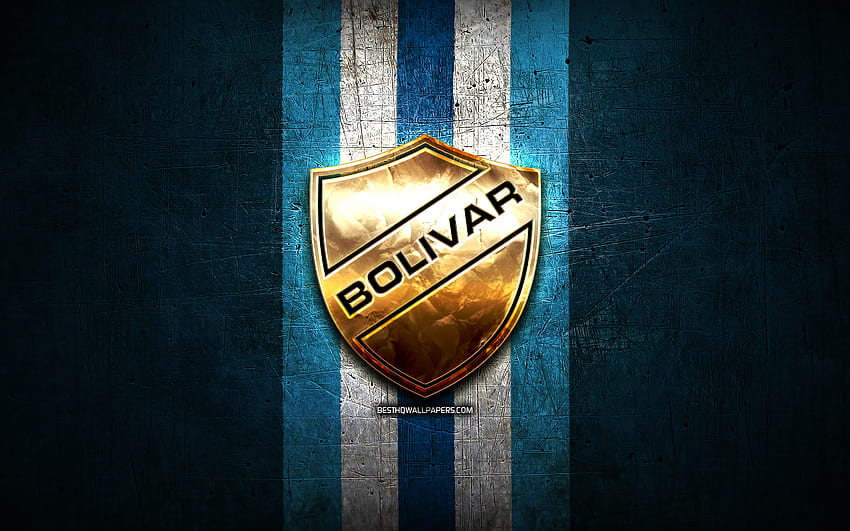 Bolivar FC, złote logo, Bolivian Primera Division, niebieskie metalowe tło, piłka nożna, wenezuelski klub piłkarski, logo Club Bolivar, piłka nożna, wenezuelska Primera Division, Club Bolivar Tapeta HD