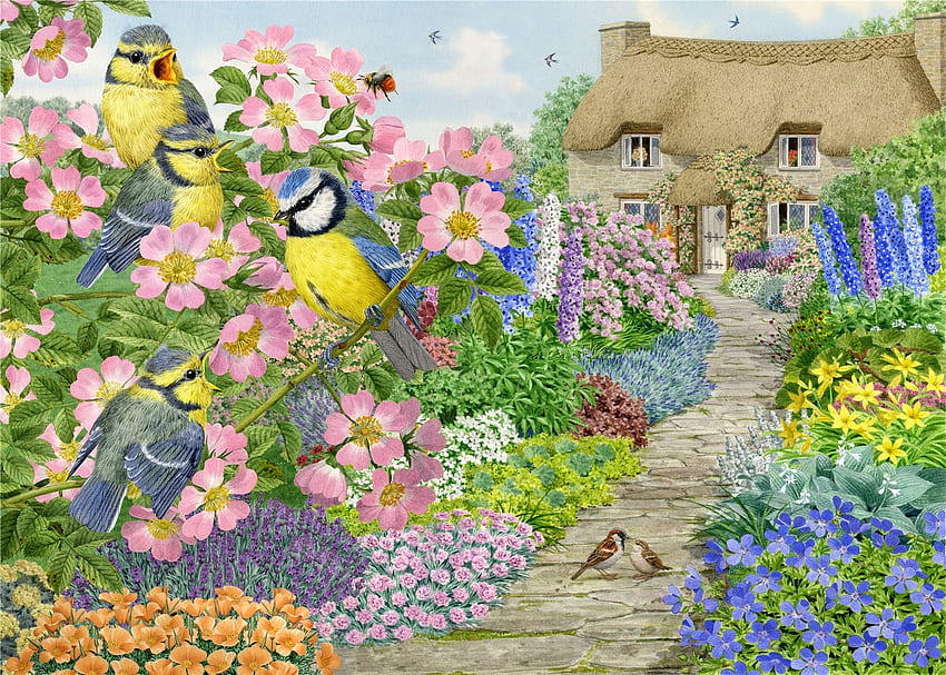Jardim primavera, arte, pintura, flor, amarelo, jardim, azul, rosa, chapim azul, pasari, pitigoi papel de parede HD