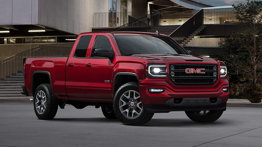 GMC Sierra 1500 red color park outside house headlights on full view ultra wide HD wallpaper
