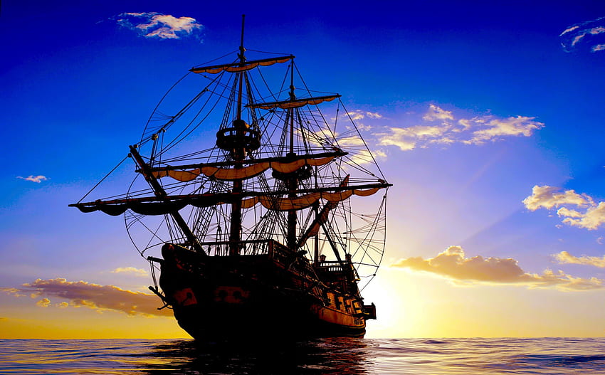 帆船、船、帆、空、海 高画質の壁紙