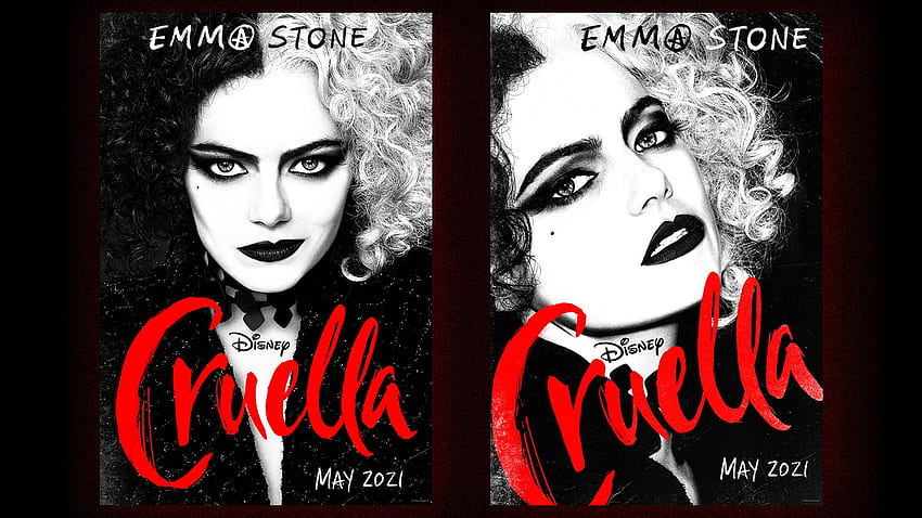 Cruella (2021), afis, black, poster, disney, actress, collage, movie, red, cruella, face, emma stone HD wallpaper