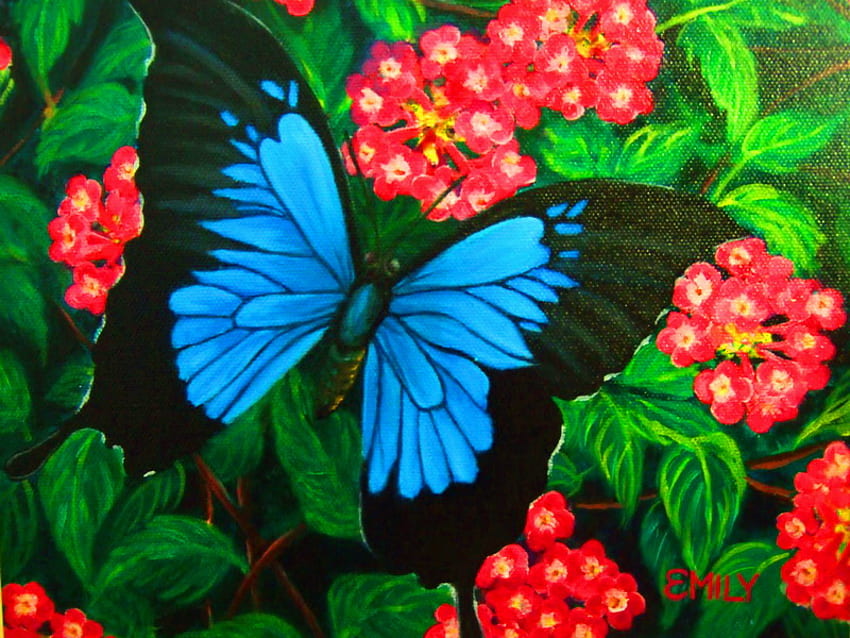 BEAUTY, blue, wings, black, green leaves, butterfly, morpho, red, flowers HD wallpaper