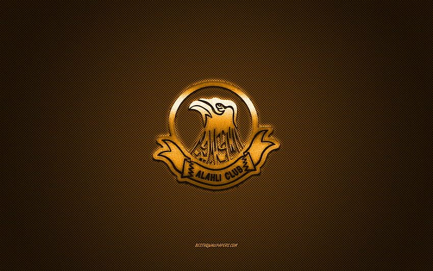 Al-Ahli Club, Bahraini football club, Bahraini Premier League, yellow logo, blue carbon fiber background, football, Manama, Bahrain, Al-Ahli Club logo HD wallpaper