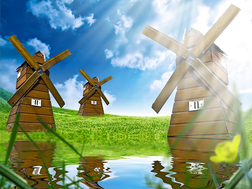 Windmills, rays, colors, grass, fantasy, pretty, clouds, sky, water HD wallpaper