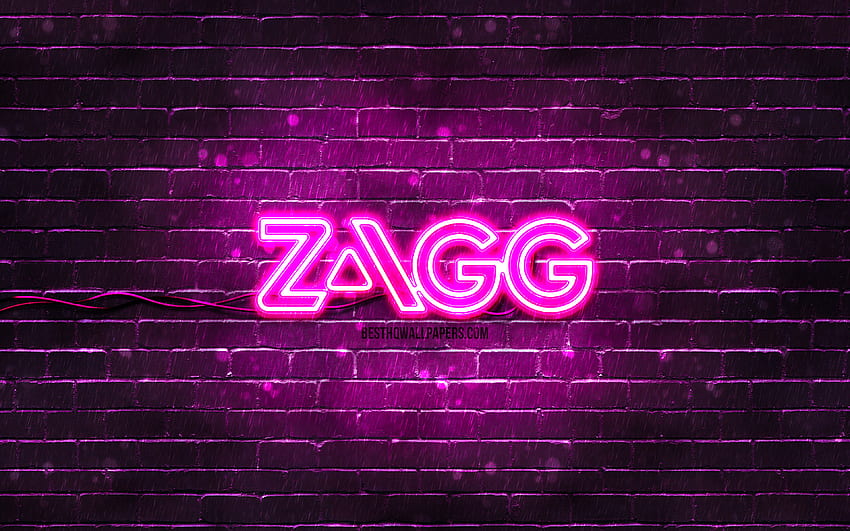 Zagg の紫のロゴ、紫のブリックウォール、Zagg のロゴ、ブランド、Zagg のネオンのロゴ、Zagg 高画質の壁紙