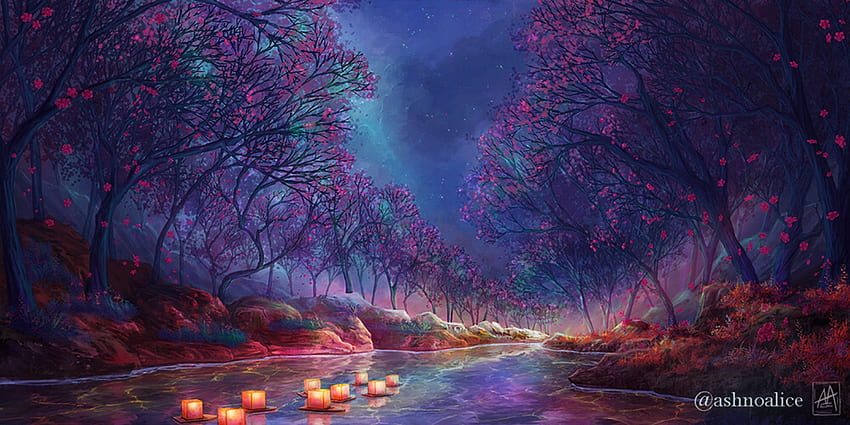 Spring night, night, blue, pink, fantasy, lantern, ashno alice, spring, water HD wallpaper