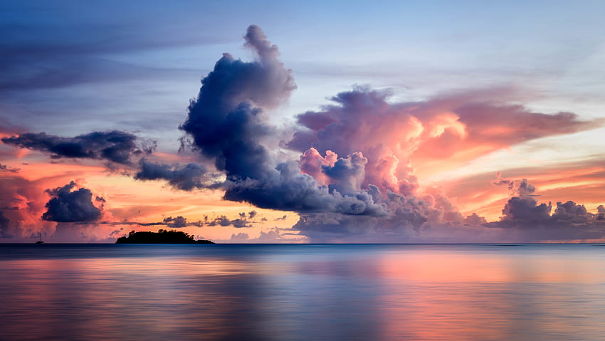 Natura, zachód słońca, niebo, morze, chmury, horyzont, wyspa Tapeta HD