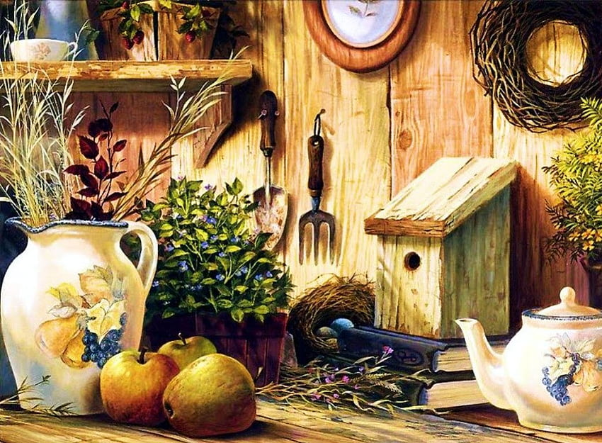 Stillleben, Gemälde, Garten, Äpfel, Geschirr HD-Hintergrundbild