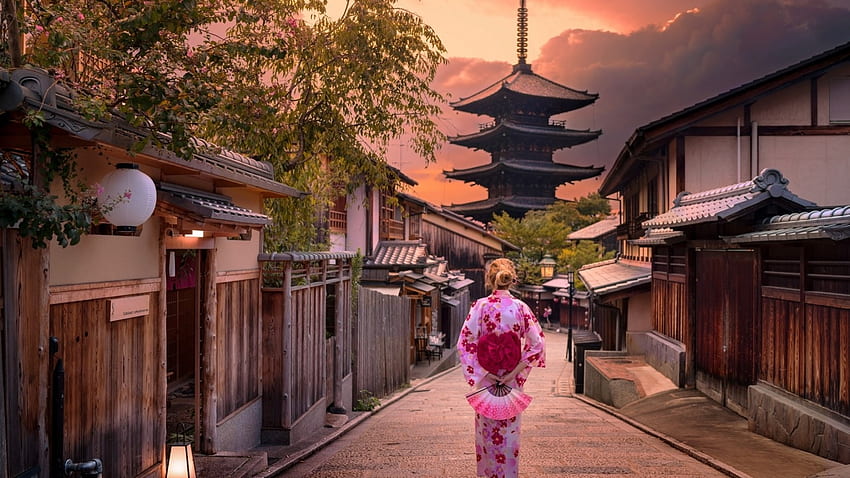 улица Киото, японски, кимоно, Япония, пагода, момиче, градски пейзаж, традиционен, природа, улица, Киото HD тапет