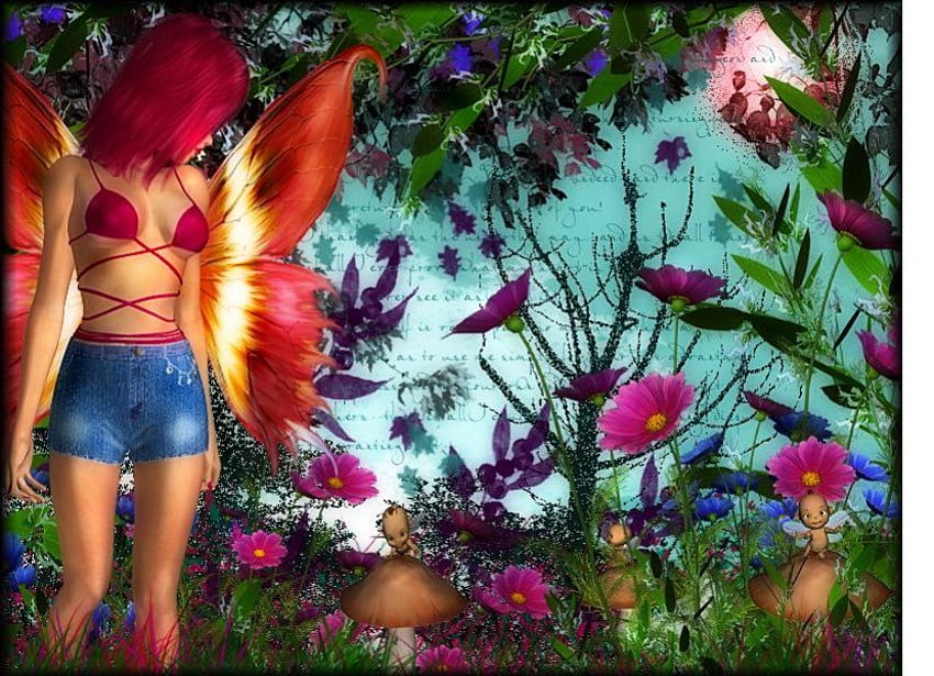 Hada, abstracto, mariposa, fantasía, flores. fondo de pantalla