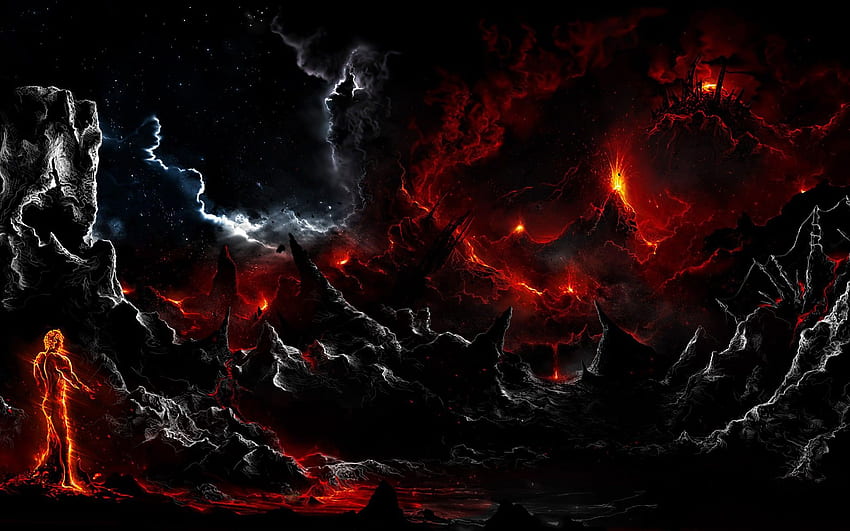 Dark Volcano Smoke Eruption Lava Fantasy Landscapes Stars Sky HD wallpaper