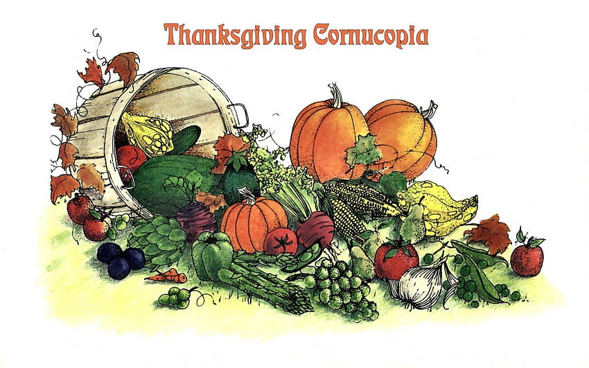 Благодарност Cornucopia 2, благодарност, изкуство, зеленчуци, плодове, илюстрация, рог на изобилието, произведения на изкуството, широк екран HD тапет