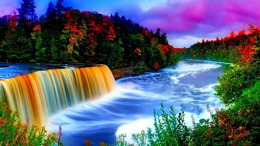 Air Terjun Pelangi Indah, air terjun, rerumputan, langit, pelangi Wallpaper HD