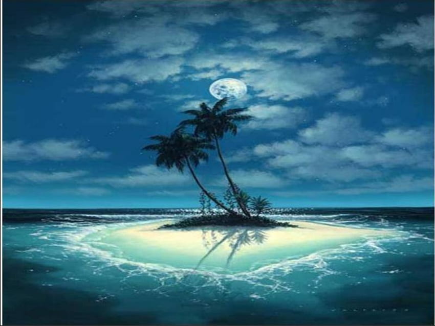Мистериозен остров, палми, остров, лунна светлина, тропически, океан, плаж HD тапет