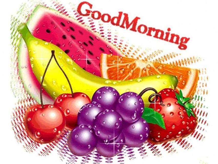 Good Morning, greeting, stawberry, grapes, cherries, banana, watermelon, orange, fruit HD wallpaper