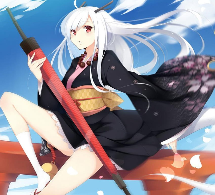 Cute Demon, orginal, kimono, white hair, sky, girl, long hair HD wallpaper