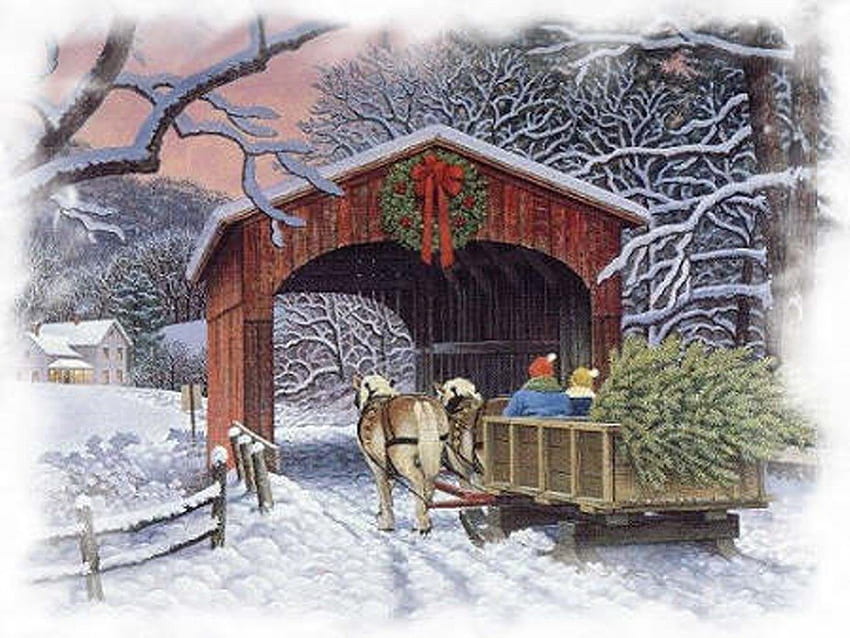 Paisaje navideño, invierno, cubierto, colores, hermoso, pintura, nieve, puente cubierto, navidad, puente, pintura, naturaleza, increíble, esplendor, encantador, landscapw fondo de pantalla