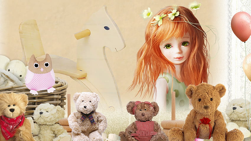 Teddy Bears Picnic, children, toys, toy basket, cute, girl, teddy bears, owl, balloons, rocking horse, whimsical HD wallpaper