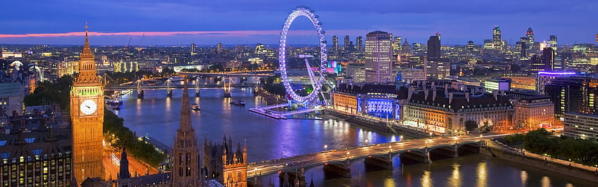 Bela visão noturna de Londres, linha do horizonte, rio, ponte, luzes, edifícios, UK Multi Monitor Panorama, London Dual Monitor papel de parede HD