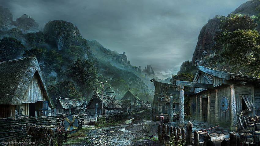 Dump of 50 background. (All and no watermarks). Viking village, Fantasy village, Fantasy landscape HD wallpaper