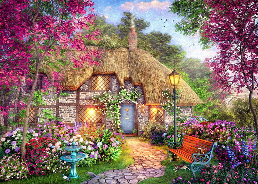 Cottage Abode, pink, art, painting, house, dominic davison, pictura, cottage, spring HD wallpaper