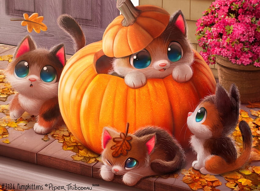 Pumpkittens, kotek, frumusete, ładny, kot, pomarańczowy, copil, halloween, różowy, fantasy, pisici, jesień, dynia, piper thibodeau, liść, luminos, dziecko, toamna Tapeta HD