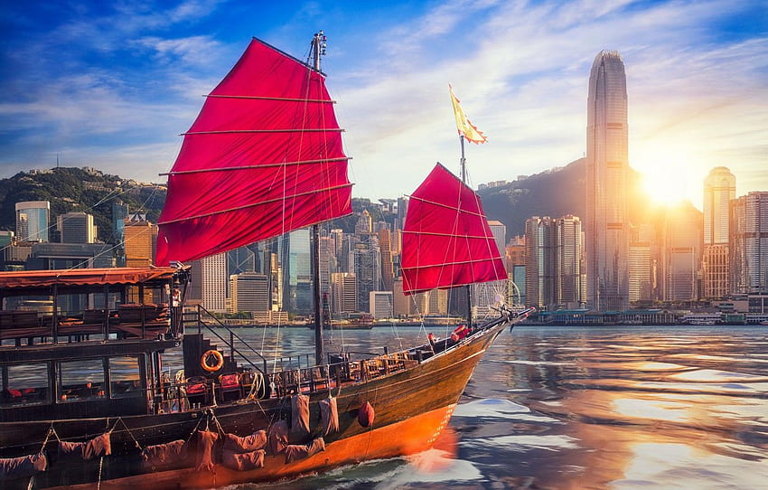 China, ship, building, Hong Kong, China, skyscrapers, harbour, Hong Kong, junk, Victoria Harbour, The Victoria Harbour for , section город, Chinese Boat HD wallpaper