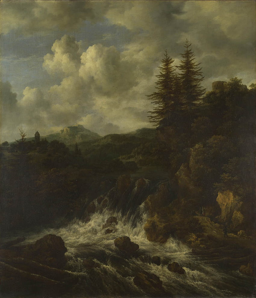 A Landscape With A Waterfall And A Castle On A Hill - A dutch baroque jacob van rusidael art HD 전화 배경 화면