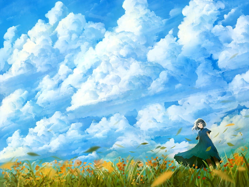 ~Cloudy Skies~, olhos azuis, cabelo azul, menina, grama, vestido, anime, cabelo curto, nuvens, céu papel de parede HD