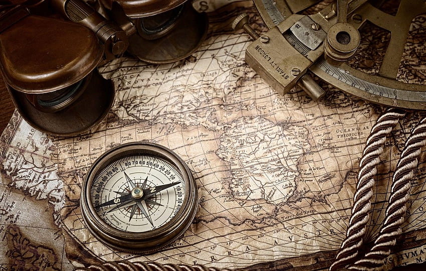 rope, compass, old maps, nautical navigation tools, Kompass, marine navigation, old treasure maps for , section разное -, Nautical Compass HD wallpaper