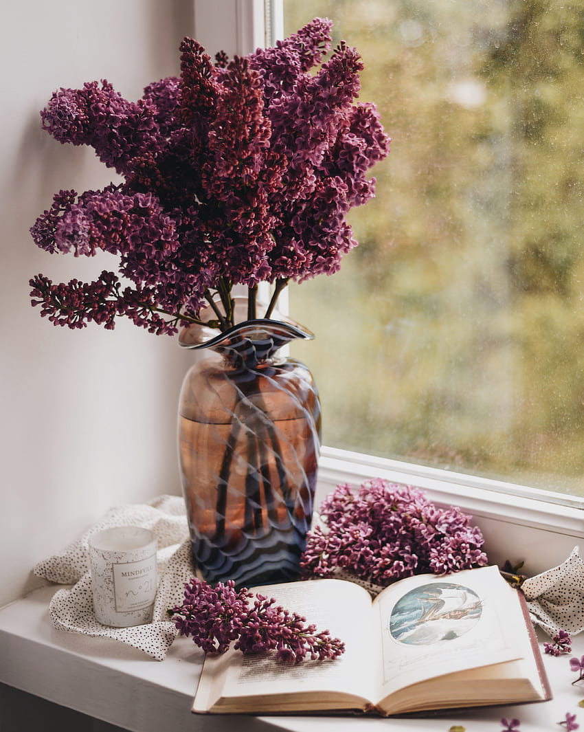 Lilac, , , Window, Vase, Book, Coziness, Comfort HD phone wallpaper