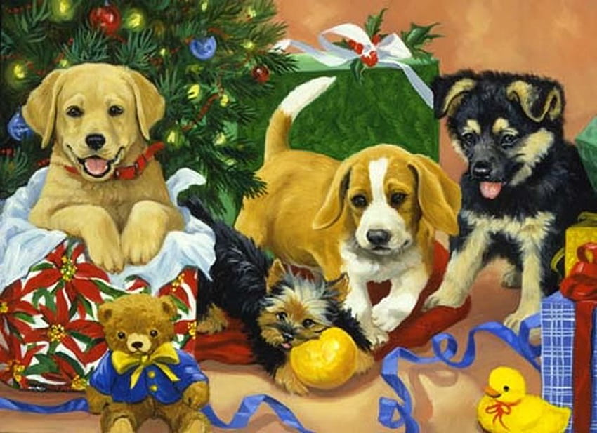 By Linda Picken, pies, zwierzę, sztuka, uroczy, linda picken, wakacje, , Boże Narodzenie, grudzień Tapeta HD