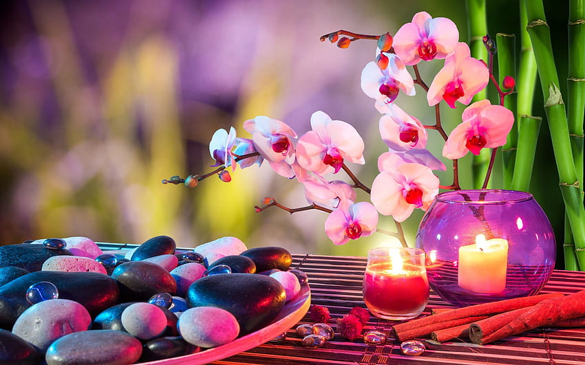 Сърце камъни свещи орхидеи кърпи бамбук боке настроение f, орхидея дзен HD тапет