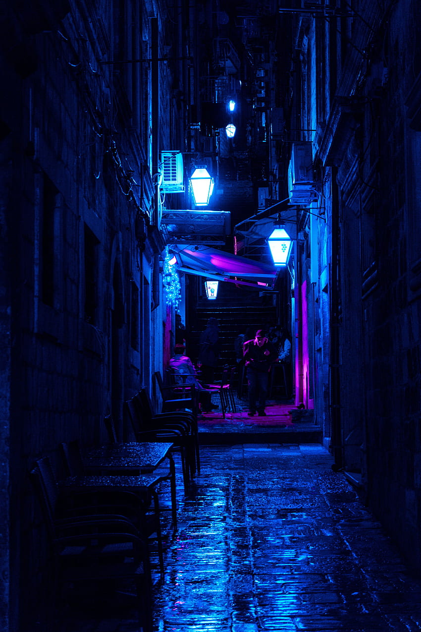 Dark Alley With Turned On Street Lamps · Stock, 256k HD phone wallpaper