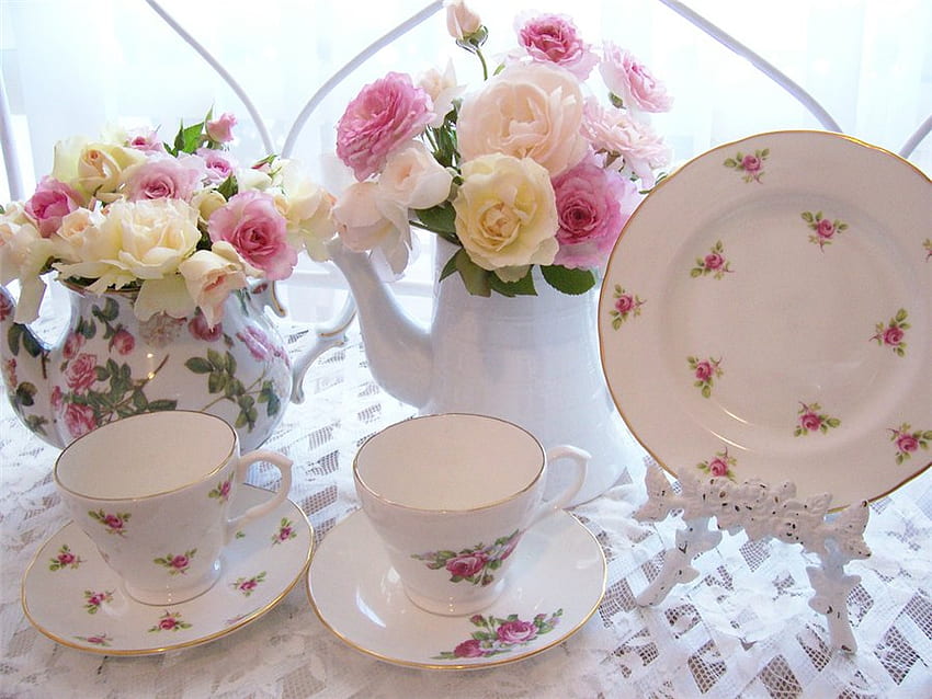 Flowers and porcelains, white, roses, soft, colors, beauty, cups, still life, pink, flowers, porcelain HD wallpaper
