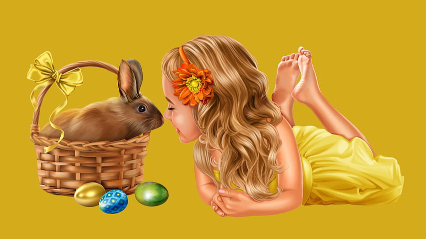 Girl With Yellow Dress Bunny Basket Colorful Eggs Painting Happy Easter HD wallpaper