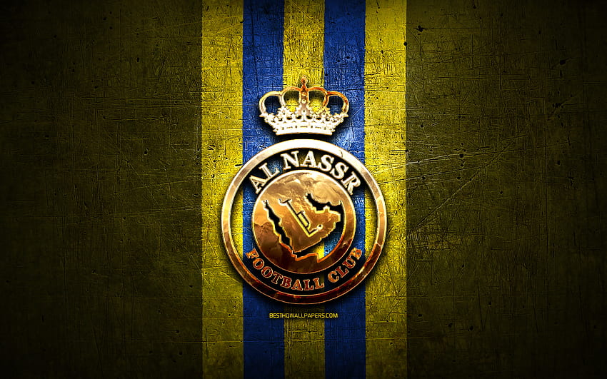 Al-Nassr FC, goldenes Logo, Saudi Professional League, gelber Metallhintergrund, Fußball, Al Nassr FC, saudischer Fußballverein, Al-Nassr FC-Logo, Fußball HD-Hintergrundbild