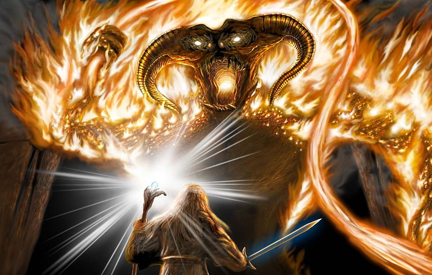 sword, art, staff, battle, Balrog, Balrog, The Lord of the Rings, Moria, Gandalf, Gandalf for , section фантастика HD wallpaper