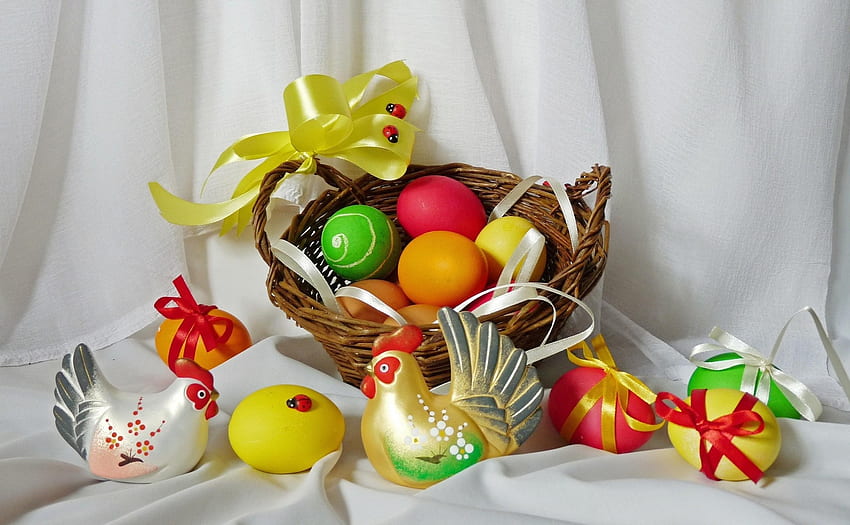 Holidays, Eggs, Easter, Ladybugs, Holiday, Basket, Bows, Hen, Cock, Rooster HD wallpaper