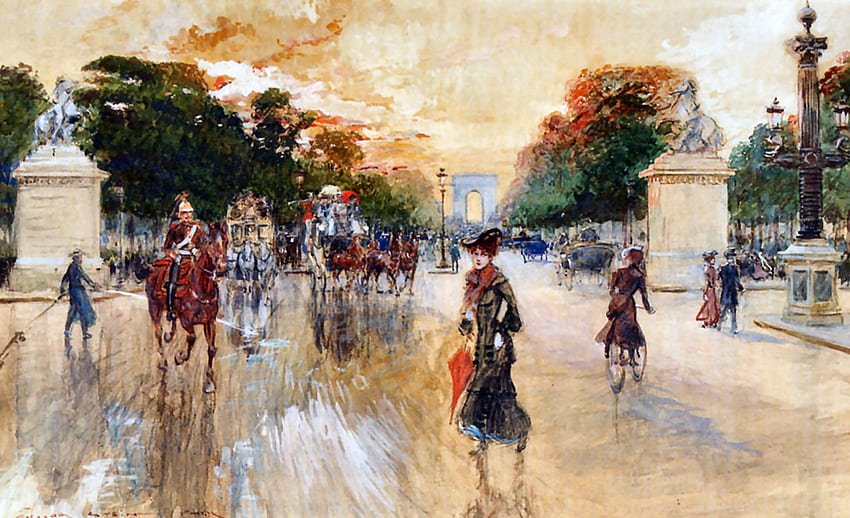 Busy Traffic on the Champs Elysees, Georges Stein, horse, France, scenery, stores, painting, equine, architecture, art, Stein, cityscape, beautiful, people, illustration, artwork, wide screen, old master, Paris HD wallpaper