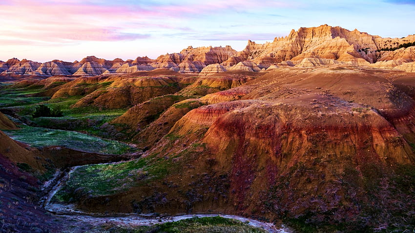 Yellow Mounds, Badlands National Park, river, South Dakota, sky, rocks, mountains, usa HD wallpaper