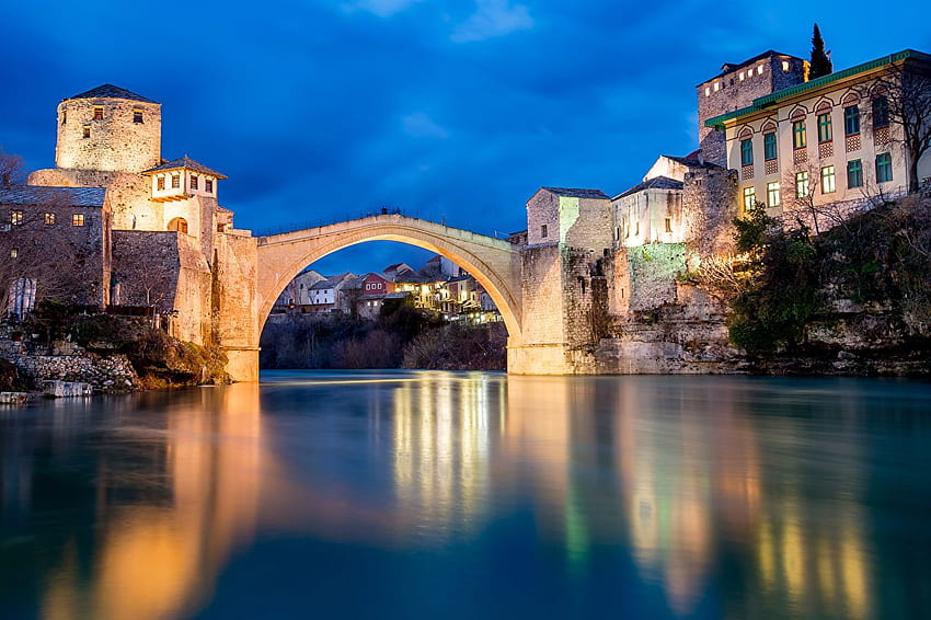 Bosnia and Herzegovina Mostar Bridges Rivers Evening Cities HD wallpaper