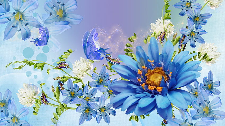 Ярко красив блус, синьо, детелина, папийон, пролет, лято, пеперуда, цветове, ярко, лавандула, цветя, цветя, цъфти HD тапет