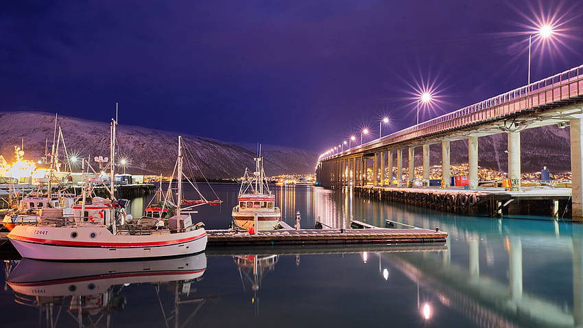 Norwegia Jembatan Tromso Jembatan Kapal Bay Night Marinas, Tromsø Wallpaper HD