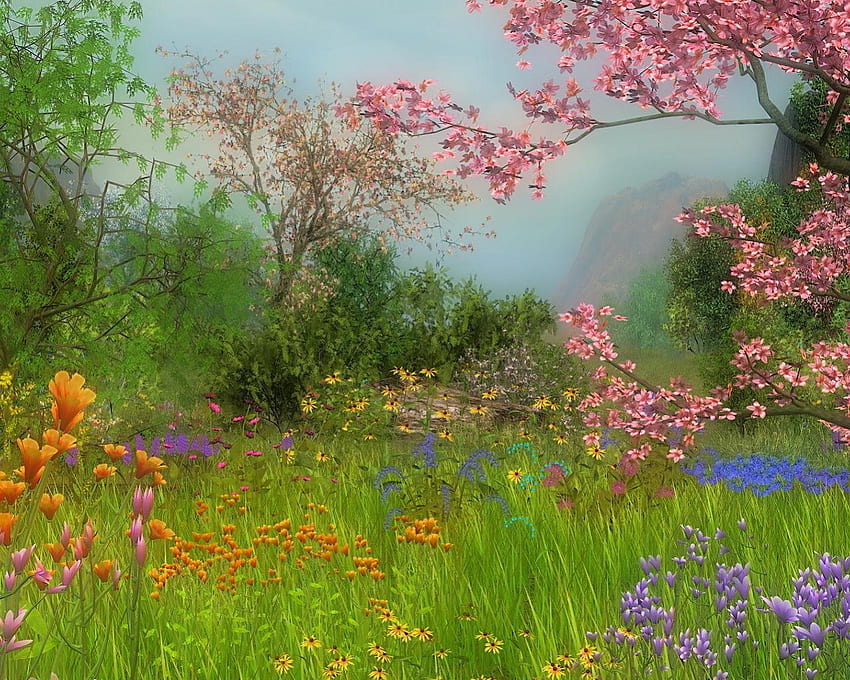 Pretty Sceenery, pembe, orage, yeşil, manzara, ağaçlar, doğa, çiçekler, çim HD duvar kağıdı
