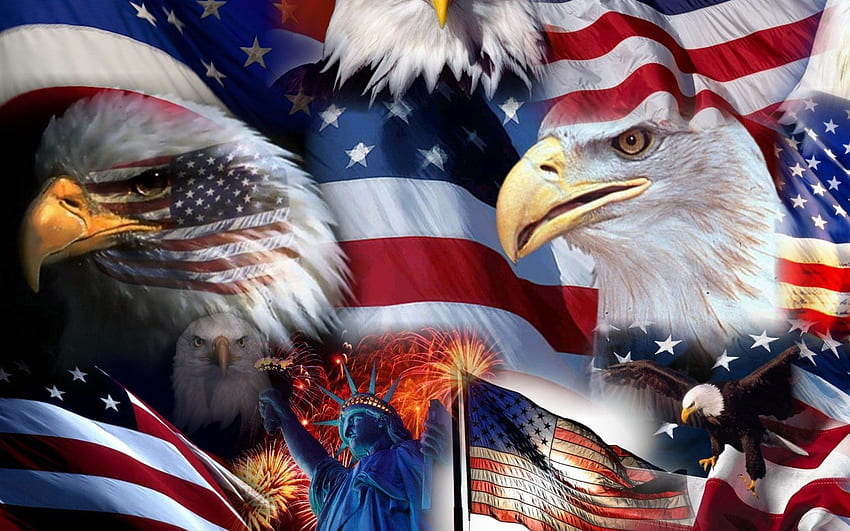 Amerykańskie symbole Bald Eagle Statua Flaga USA Gwiazda Statua Wolności, dom American Flag Tapeta HD
